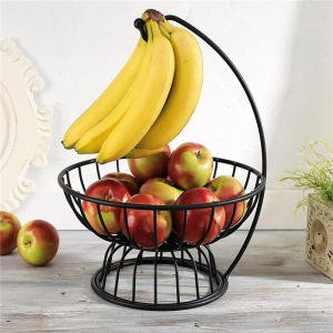 Black Wrought Iron Vegetable Fruit Basket Kitchen Rack with Banana Hanger